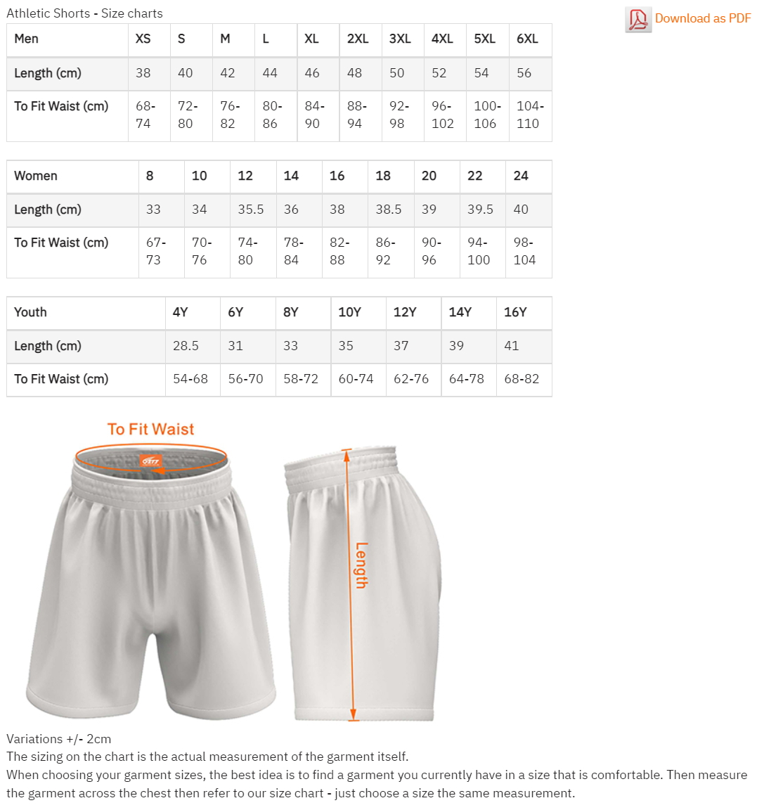 Shorts Sizing Chart